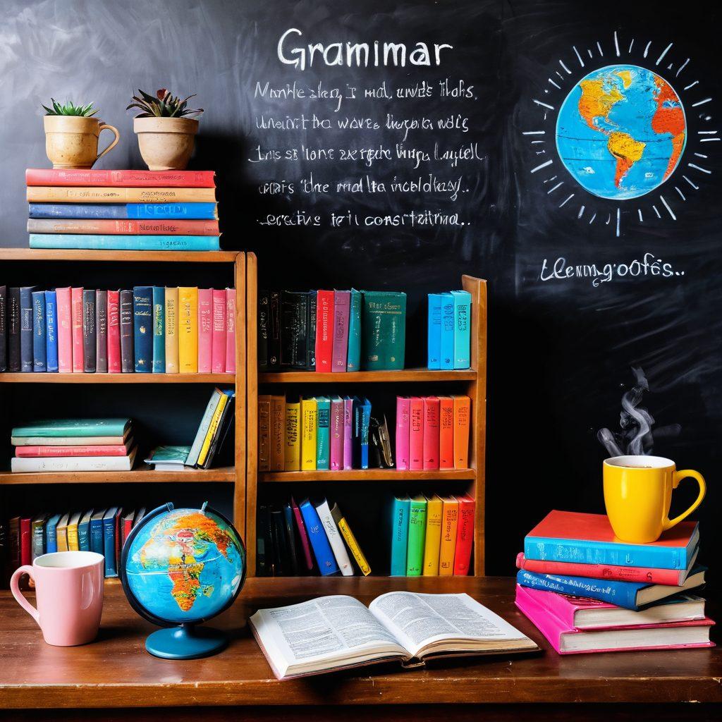 A colorful bookshelf filled with diverse English language resources such as grammar books, dictionaries, and workbooks. An open notebook with handwritten tips and a steaming cup of coffee beside it, evoking a cozy learning atmosphere. The backdrop features a chalkboard with motivational language quotes and a globe representing global learning. Bright and inviting colors to inspire creativity and knowledge. super-realistic. vibrant colors.