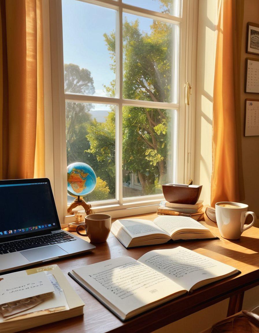 A serene study space with an open book and scattered notes, surrounded by vibrant language flashcards and a globe. A cup of coffee sits invitingly on the desk, while a window reveals a sunny day outside, symbolizing growth and enlightenment. Include elements like a laptop displaying language learning apps and inspirational quotes pinned on the wall. super-realistic. warm colors. bright background.