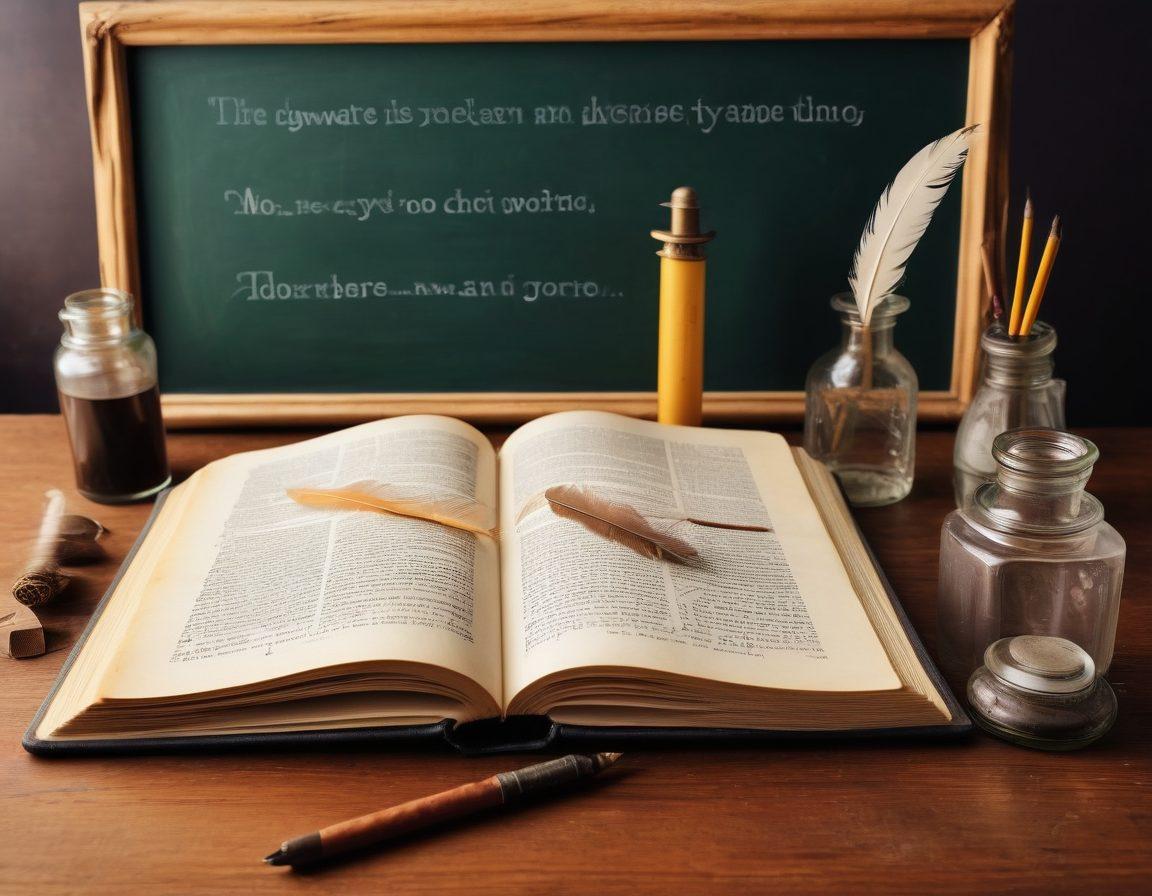 An open book with vibrant pages featuring various vocabulary words floating around, along with a quill and ink bottle symbolizing writing. In the background, a chalkboard filled with English grammar rules and writing tips, illuminated by soft, warm light. The scene conveys learning and creativity, inviting readers to explore the world of writing. super-realistic. warm colors. inviting atmosphere.